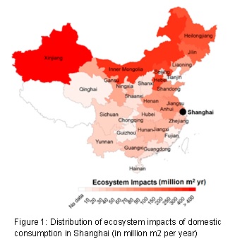 Figure 1 - Distribution of ecosystem impacts of domestic consumption in Shanghai