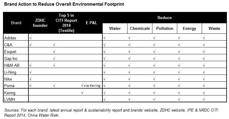 Brand Action to Reduce Overall Environmental Footprint Table