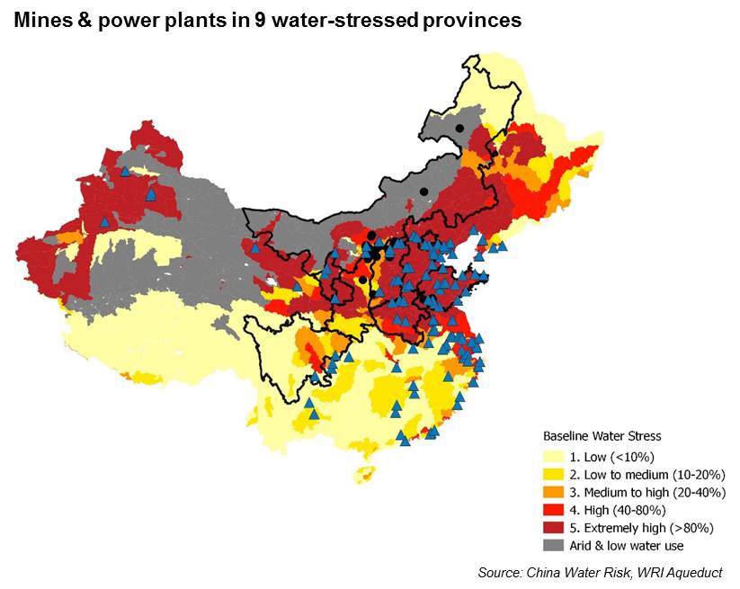 WRI water stress map with coal mines and power plants